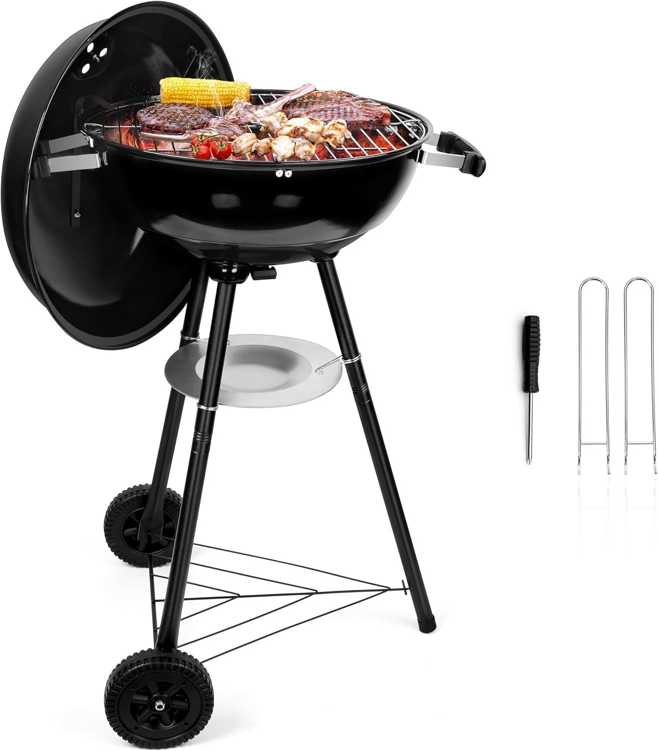 Hasteel 18 Inch Charcoal Grill. Black Kettle Outdoor Barbecue Grill. 2-In-1 Portable BBQ Grill with Wheels for Camping Backyard Patio Picnic. Porcelain-Enameled Lid & Fire Bowl. 254.SQ.IN Cooking Area - Image 8