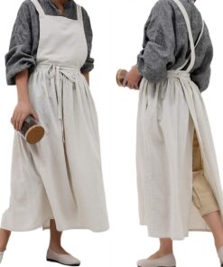 Pleated Cotton Long Apron X Back Kitchen Garden Florist Work Clothes Bib Dress