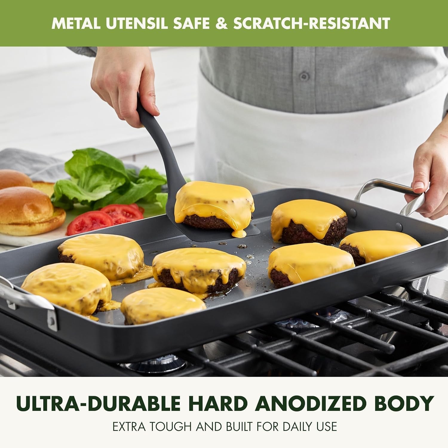 Greenpan Valencia Pro 18 X 11 Double Burner Griddle Pan. Induction Suitable. Ceramic Nonstick Pfas-Free. Rectangular Stovetop Cookware. Stainless Steel Handles. Dishwasher. Oven & Broiler Safe. Gray - Image 8