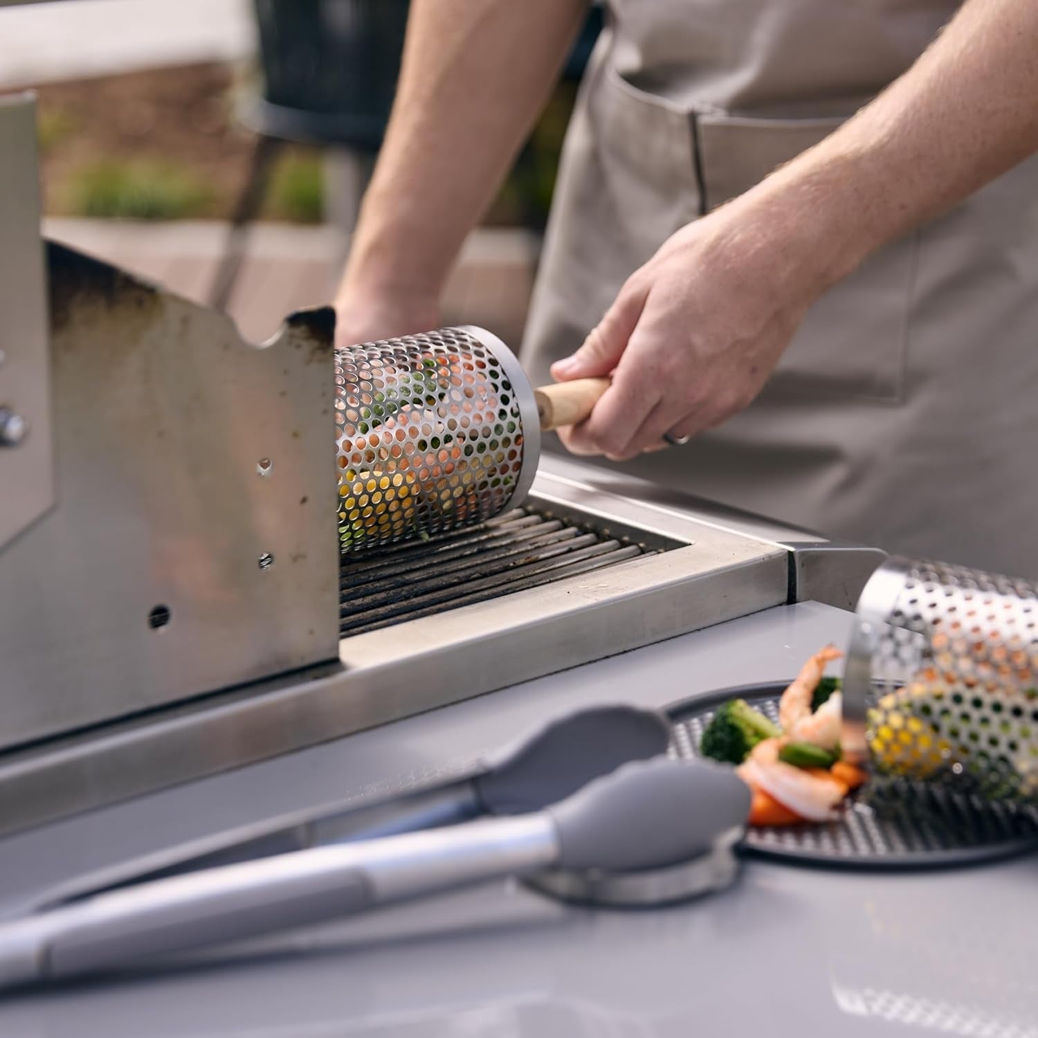 2Pcs Large Nesting Rolling Grill Baskets for Outdoor Grill. USA Based. Commercial Grade. 304 Stainless Steel BBQ round Grilling Baskets with Wood Handles Set with Oil Pourer/Brush and Grill Glove - Image 8