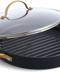 Reserve Hard Anodized Healthy Ceramic Nonstick. 11 Grill Pan with Lid. Gold Handle. Pfas-Free. Dishwasher Safe. Black