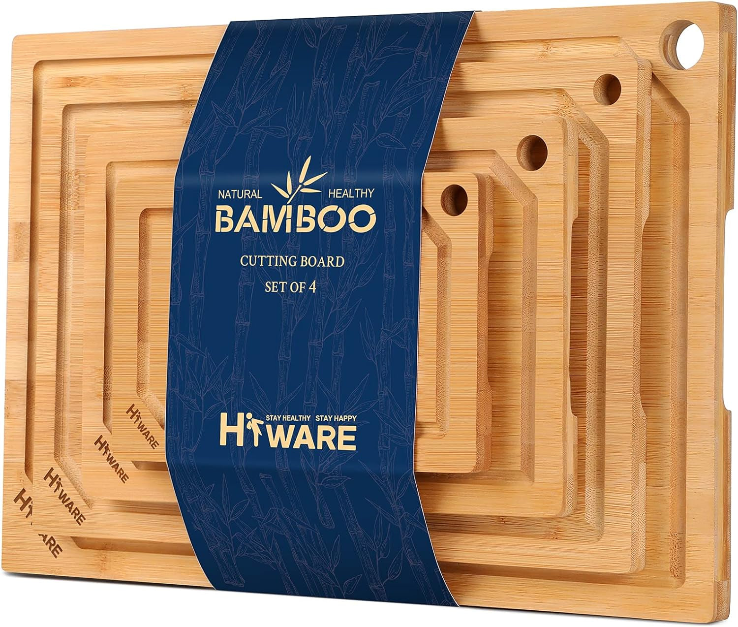 Hiware 4-Piece Extra Large Bamboo Cutting Boards Set for Kitchen. Heavy Duty Cutting Board with Juice Groove. Bamboo Chopping Board Set for Meat. Vegetables - Pre Oiled