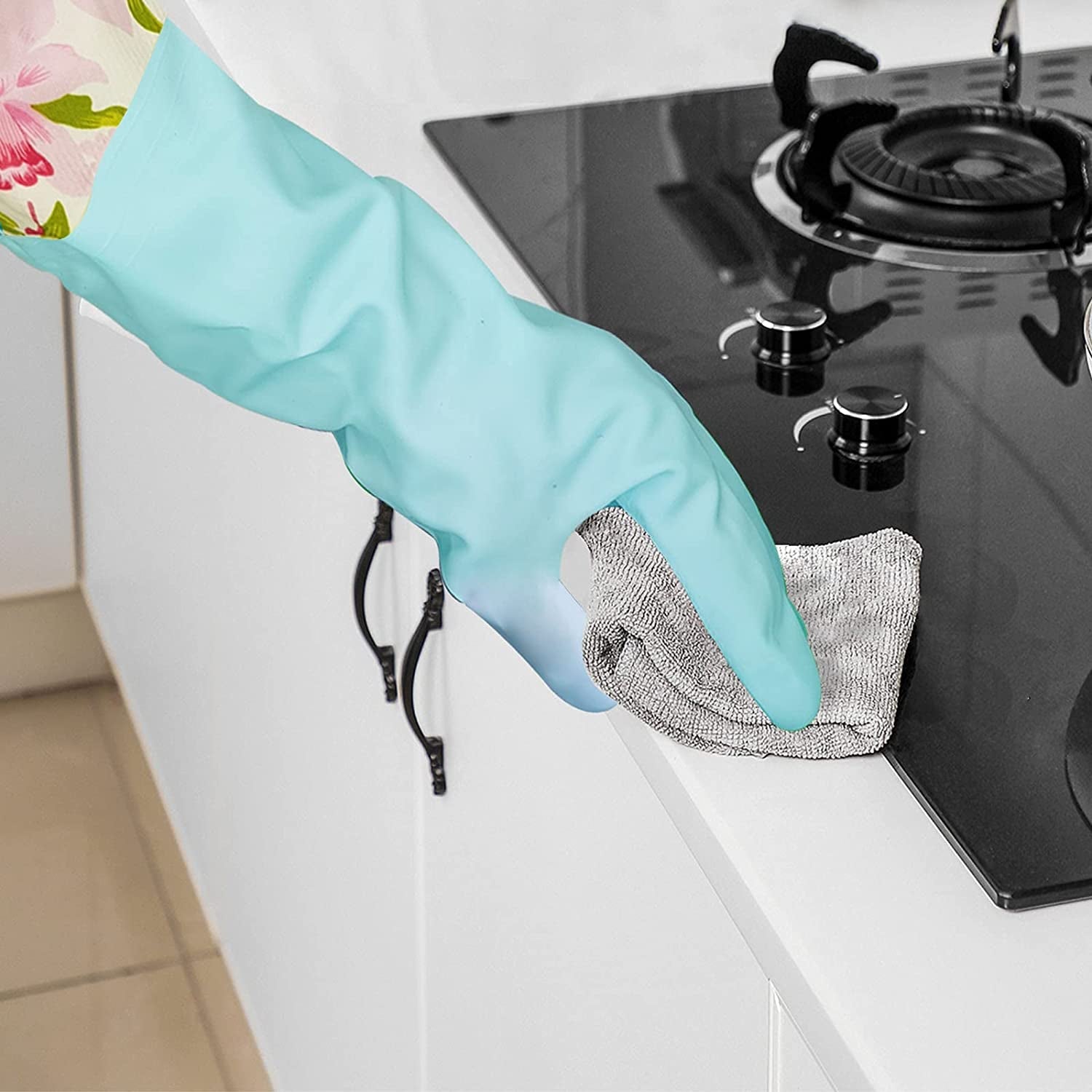 Rubber Latex Waterproof Dishwashing Gloves.2 Pair Medium Long Cuff Flock Lining Household Cleaning Gloves - Image 6
