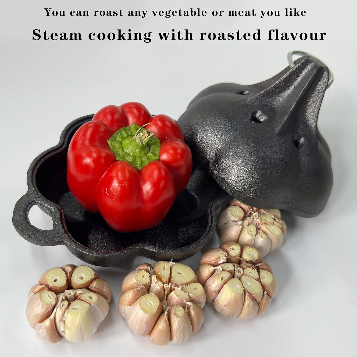 Cast Iron Smoker Roaster & Garlic Roster Baker. Smoker Box. Pre-Seasoned Cast Iron Garlic Roaster for Grill. Perfect for BBQ and Oven. for Smoky. Flavorful Vegetables. Meats or Wood Chips - Image 9