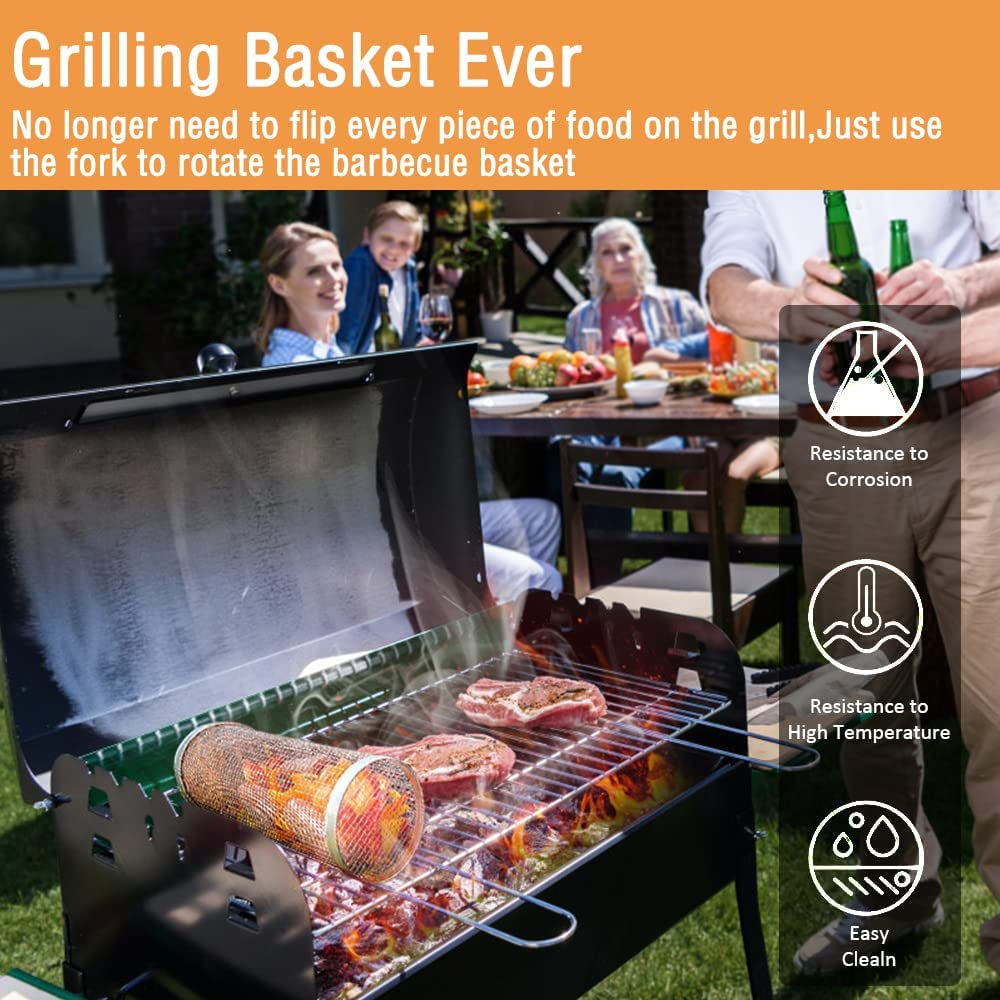 Cooking Coll Rolling Grilling Basket.Round Stainless Steel BBQ Grill Mesh.Grill Baskets for Outdoor Grill.Barbecue Net Tube Grate Fish.Vegetable.Fries - Camping Picnic Cookware(Mid.7.87 X 3.54 Inch) - Image 4