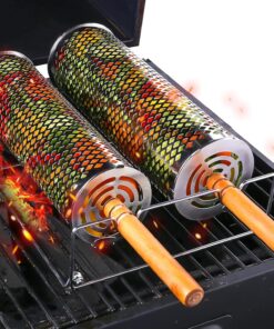 Rolling Grill Baskets(2 PCS).304 Stainless Steel with Removable Wooden Handle. Rolling Grilling Net for Vegetables. Shrimp. Fish. BBQ Accessories for Outdoor Cooking. Camping. Birthday Gifts for Men. Dad. Husband
