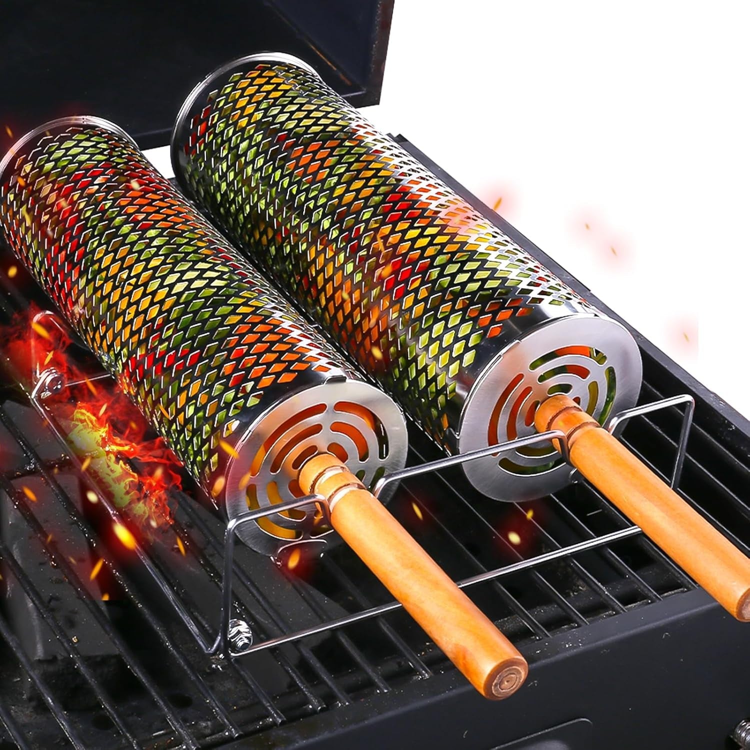 Rolling Grill Baskets(2 PCS).304 Stainless Steel with Removable Wooden Handle. Rolling Grilling Net for Vegetables. Shrimp. Fish. BBQ Accessories for Outdoor Cooking. Camping. Birthday Gifts for Men. Dad. Husband