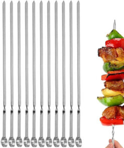 JOMVERL 12PCS Kabob Skewers Flat Metal BBQ Barbecue Skewer 14 Long Stainless Steel Shish Kebob Sticks Wide Reusable Grilling Skewers Set for Meat Shrimp Chicken Vegetable. 12 Pack