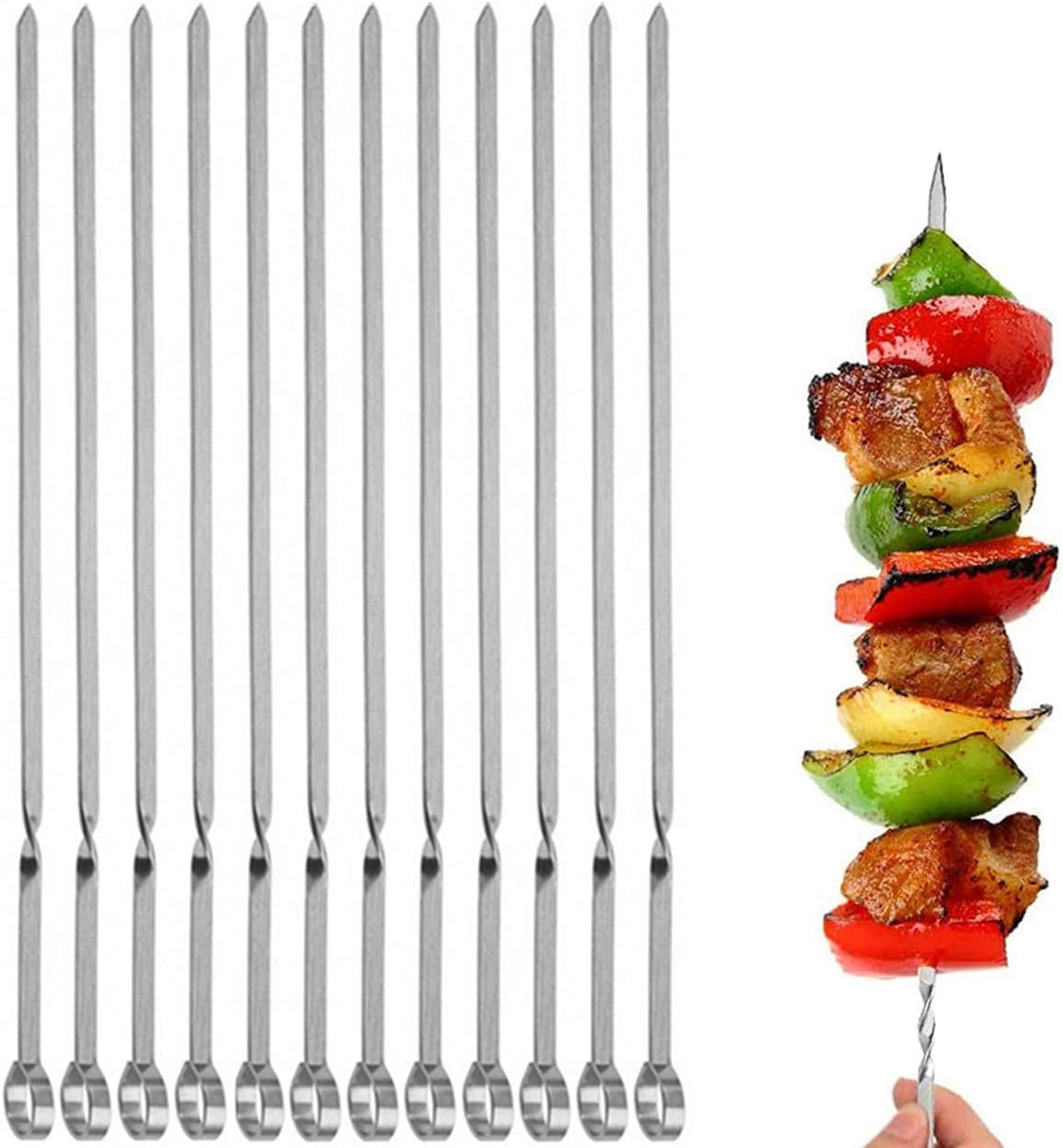 JOMVERL 12PCS Kabob Skewers Flat Metal BBQ Barbecue Skewer 14 Long Stainless Steel Shish Kebob Sticks Wide Reusable Grilling Skewers Set for Meat Shrimp Chicken Vegetable. 12 Pack