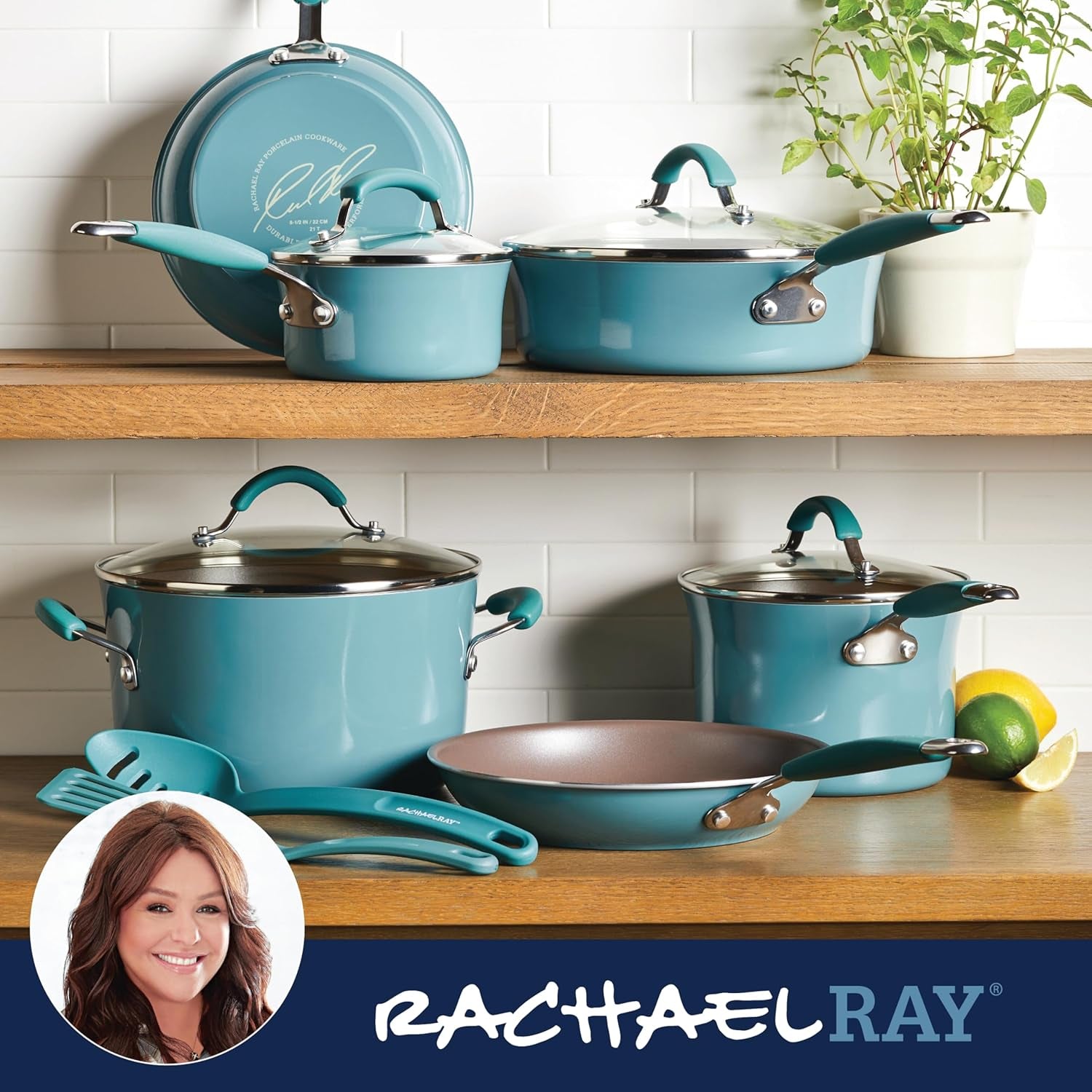 Rachael Ray Cucina Nonstick Cookware Pots and Pans Set. 12 Piece. Agave Blue - Image 6