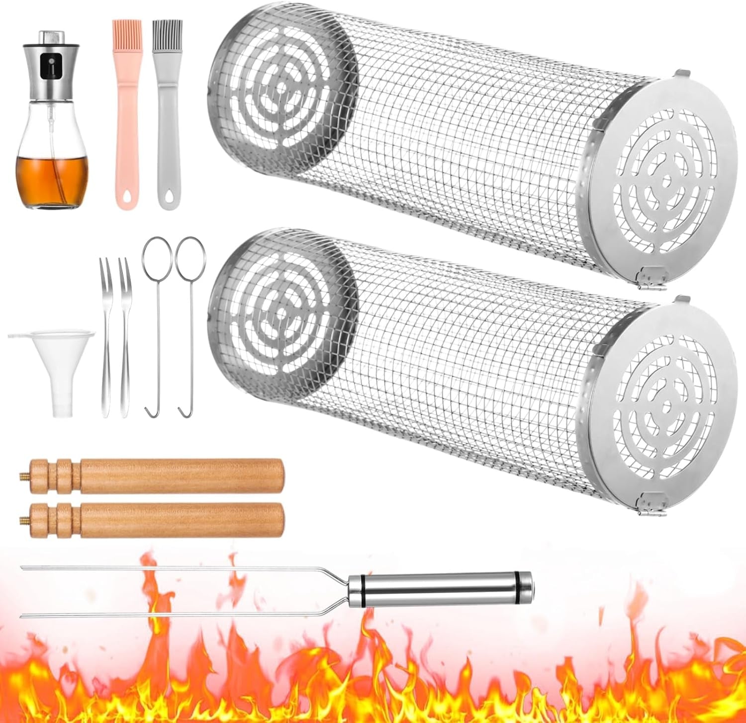 2 PCS Rolling Grilling Baskets for Outdoor Grill BBQ. Stainless Steel Cylinder Grill Mesh Barbeque Grill Accessories. Outdoor round BBQ Stainless Steel Grill Basket Campfire Grill Grid - Image 2