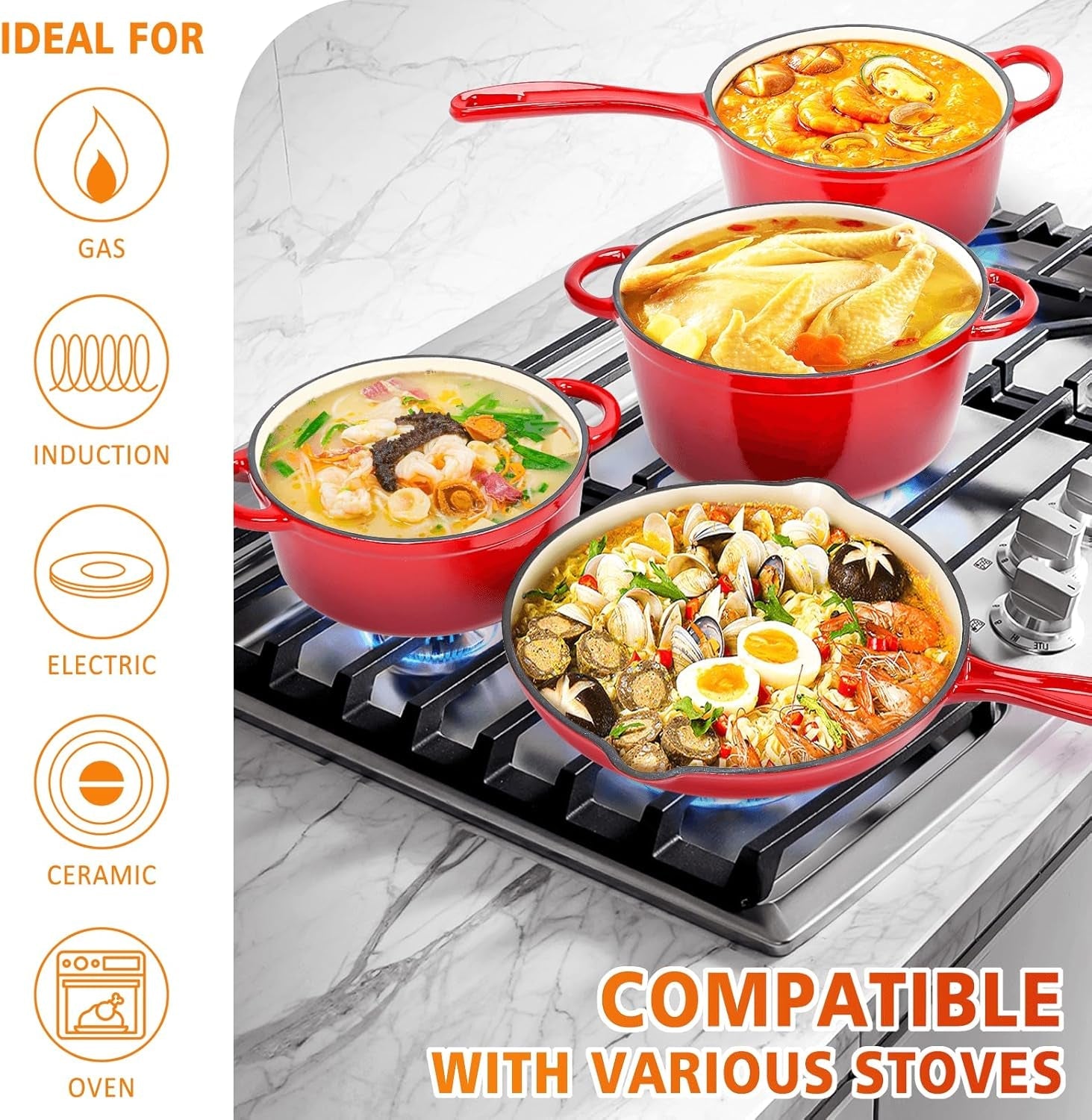 Hisencn Enameled Cast Iron Cookware Set - 7 Piece Set of Dutch Ovens. Sauce Pan. Skillet. 3 Lids. Dutch Oven Set. Ceramic Coated Cast Iron. Heavy Duty. Gas/Induction Compatible. PFA Free (Rouge Red) - Image 6