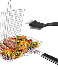 Grill Basket. Large Folding Grilling Basket with Grill Cleaning Brush. Stainless Steel Grill Basket. for Chicken. Meat. Steak. Chops(1Pcs Large Grill Basket + 1Pcs Brush)