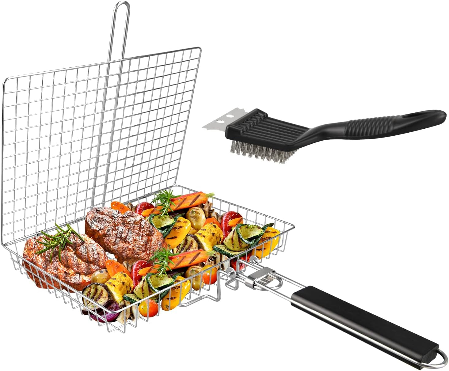 Grill Basket. Large Folding Grilling Basket with Grill Cleaning Brush. Stainless Steel Grill Basket. for Chicken. Meat. Steak. Chops(1Pcs Large Grill Basket + 1Pcs Brush)