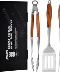 GRILAZ Heavy-Duty Rose Wooden BBQ Grilling Tools Set. Extra Thick Stainless Steel Multi-Function Spatula. Fork & Tongs | Essential Accessories for Barbecue & Grill. Ideal Gift for Father
