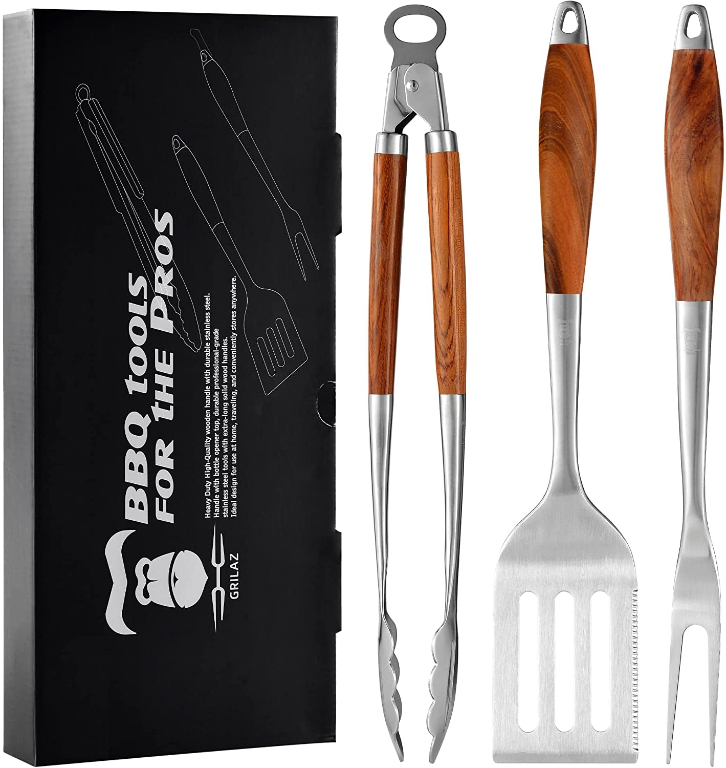 GRILAZ Heavy-Duty Rose Wooden BBQ Grilling Tools Set. Extra Thick Stainless Steel Multi-Function Spatula. Fork & Tongs | Essential Accessories for Barbecue & Grill. Ideal Gift for Father