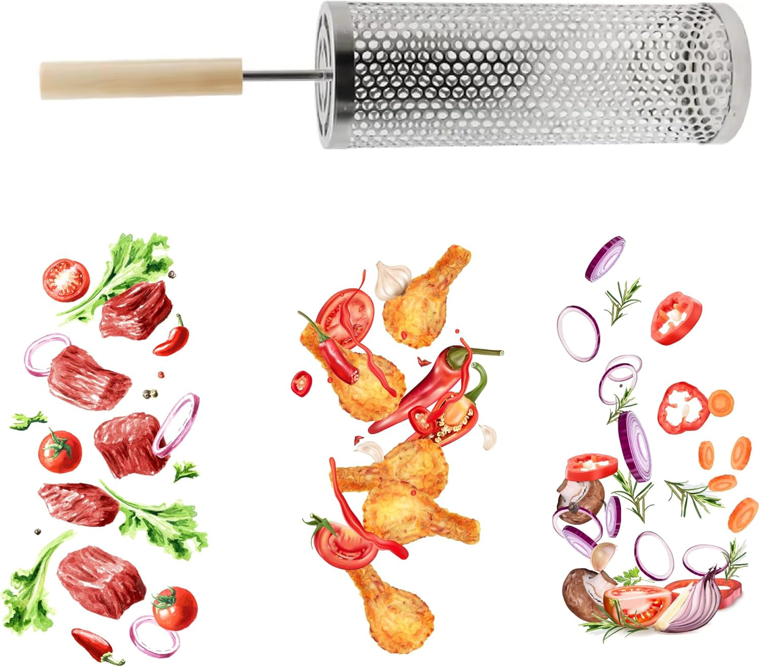 2Pcs Large Nesting Rolling Grill Baskets for Outdoor Grill. USA Based. Commercial Grade. 304 Stainless Steel BBQ round Grilling Baskets with Wood Handles Set with Oil Pourer/Brush and Grill Glove - Image 7