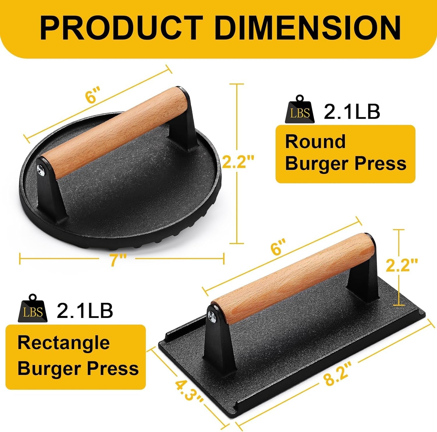 AIVIKI Burger Press. Smash Burger Press for Blackstone Griddle. Heavy Duty Cast Iron round 6.9In & Rectangular 8.2X4.2In Bacon Grill Press with Wood Handle. Meat Steak Weight for Sandwich. Paninis - Image 2