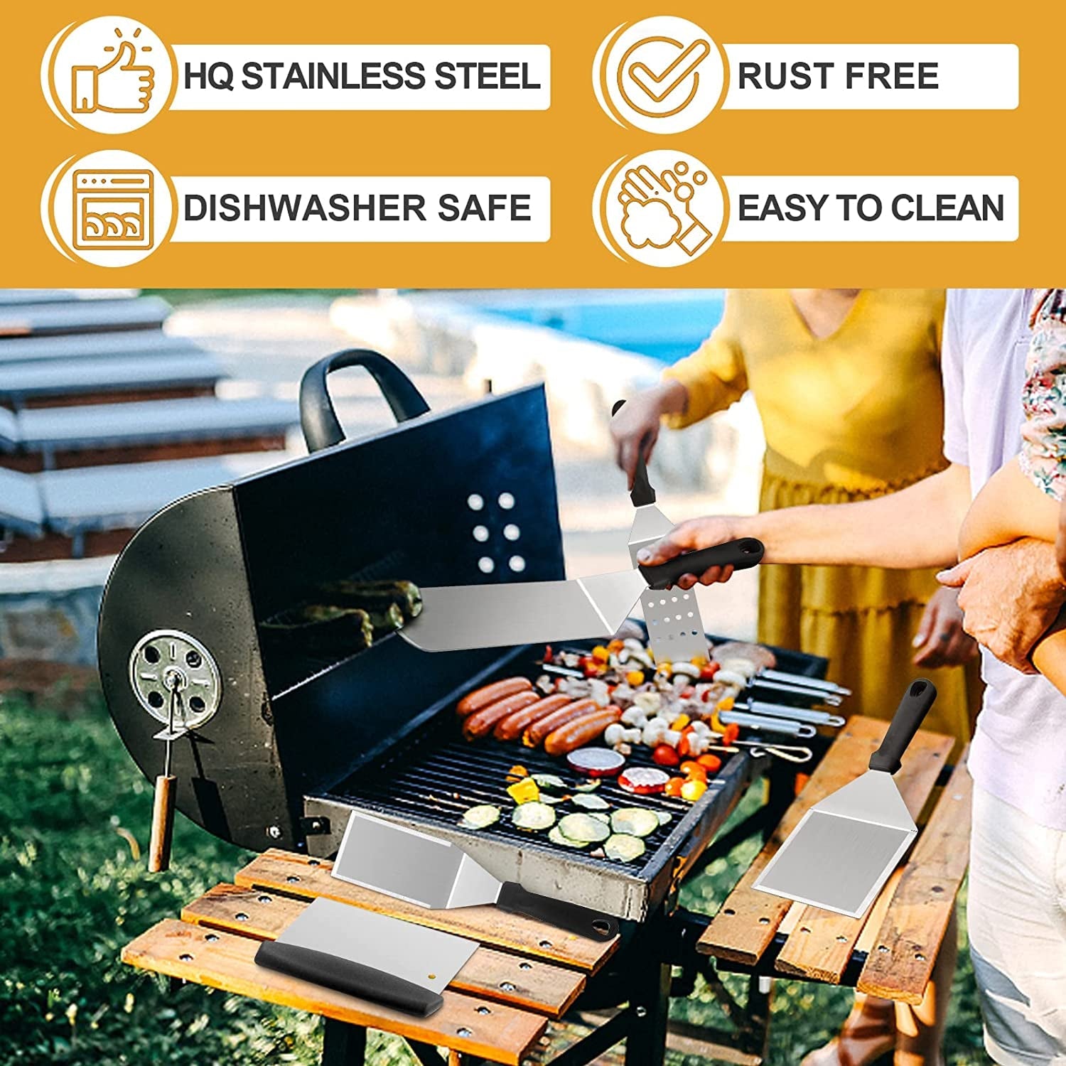 Griddle Accessories Kit of 5. Hasteel Heavy Duty Metal Spatula. Professional Stainless Steel Flat Top Griddle Tools Set. Pancake Flipper/Griddle Scraper/Hamburger Turner for BBQ Grilling Cast Iron - Image 7