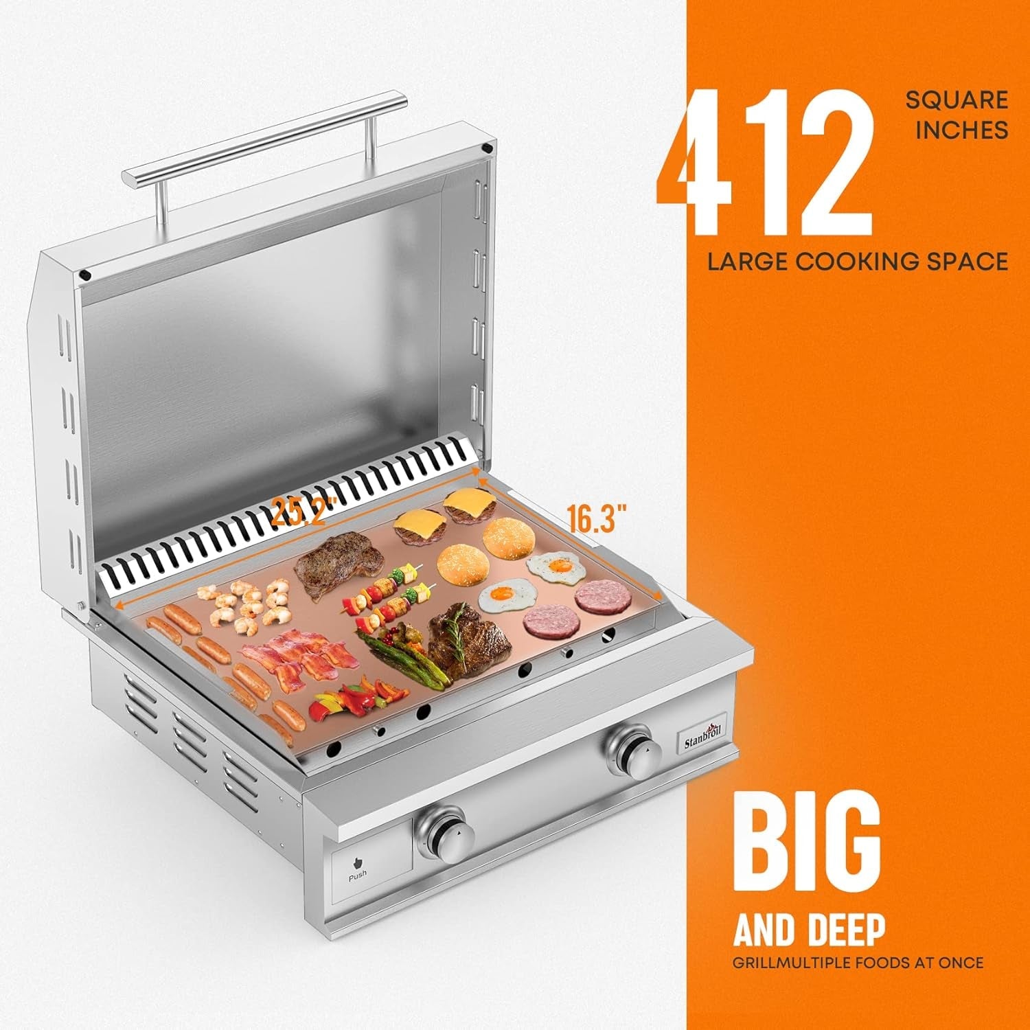 28-Inch Premium Built-In Natural Gas Griddle for Outdoor Kitchen Grill. Durable Stainless Steel 2-Burner Flat Top Grill with Lid for BBQ Island. 34.000 Btus - Image 2