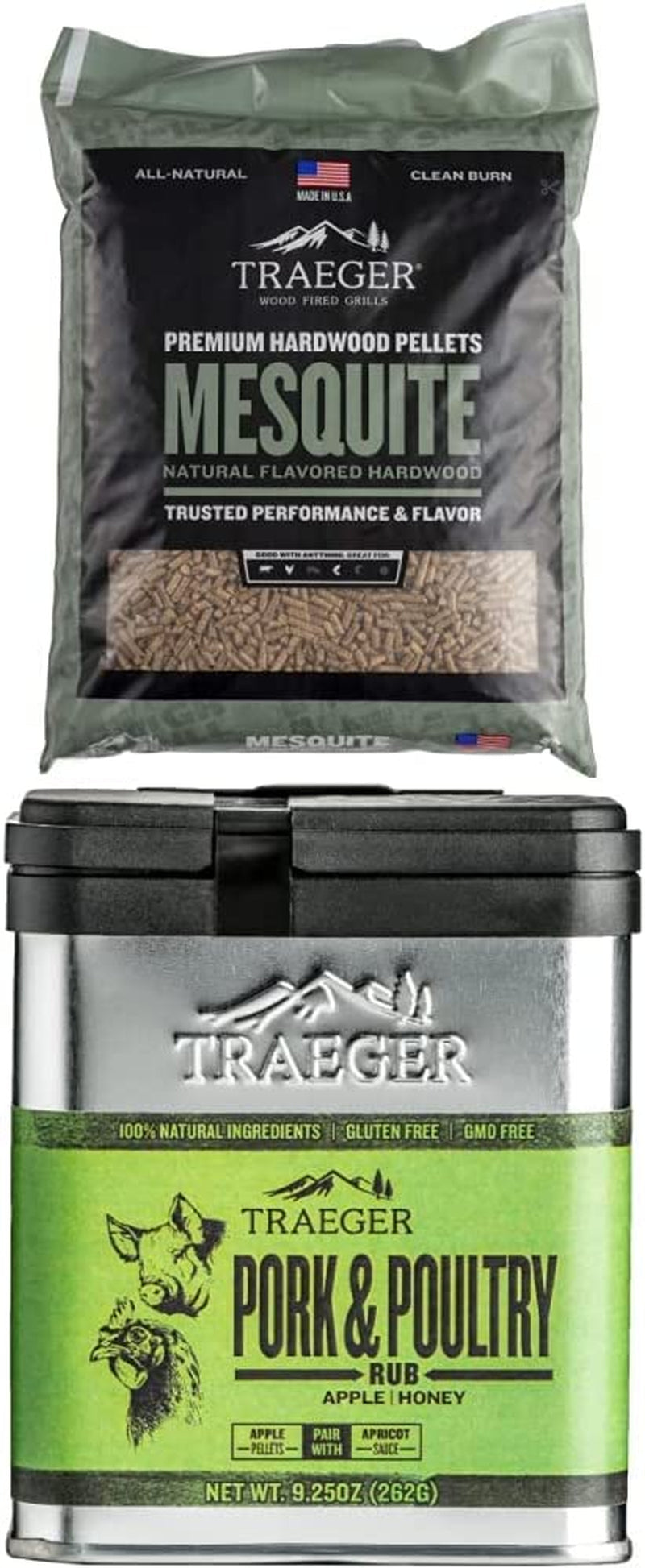 Grills PEL305 Mesquite 100% All-Natural Hardwood Pellets - Grill. Smoke. Bake. Roast. Braise and BBQ (20 Lb. Bag) + Pork and Poultry Rub with Apple and Honey