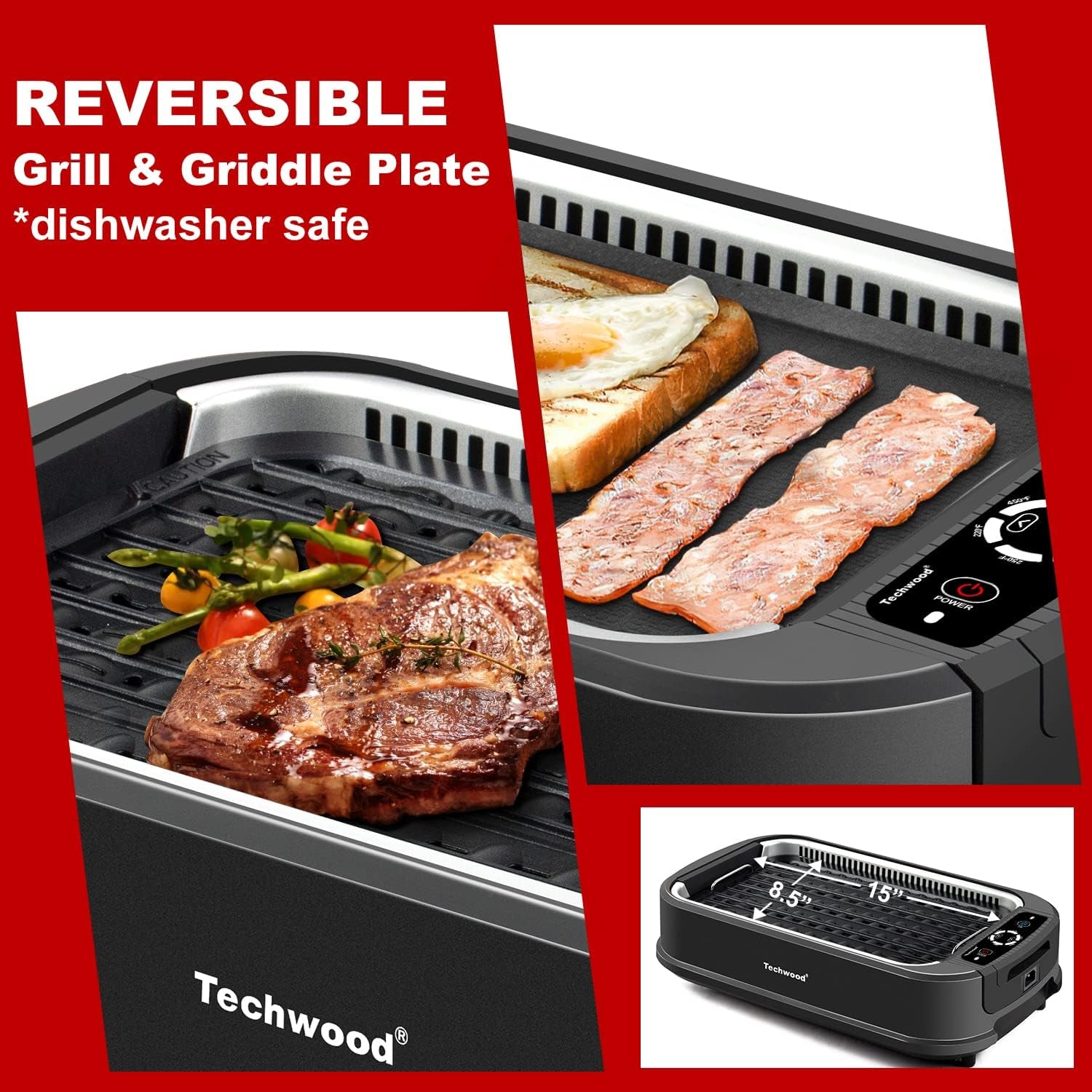 Indoor Grill. 1500W Smokeless Electric Grill with 2 In1 Nonstick Grill/Griddle Plates. Portable Korean BBQ Grill with 6-Level Control. Glass Lid. Dishwasher Safe. Double Plates. Black - Image 3