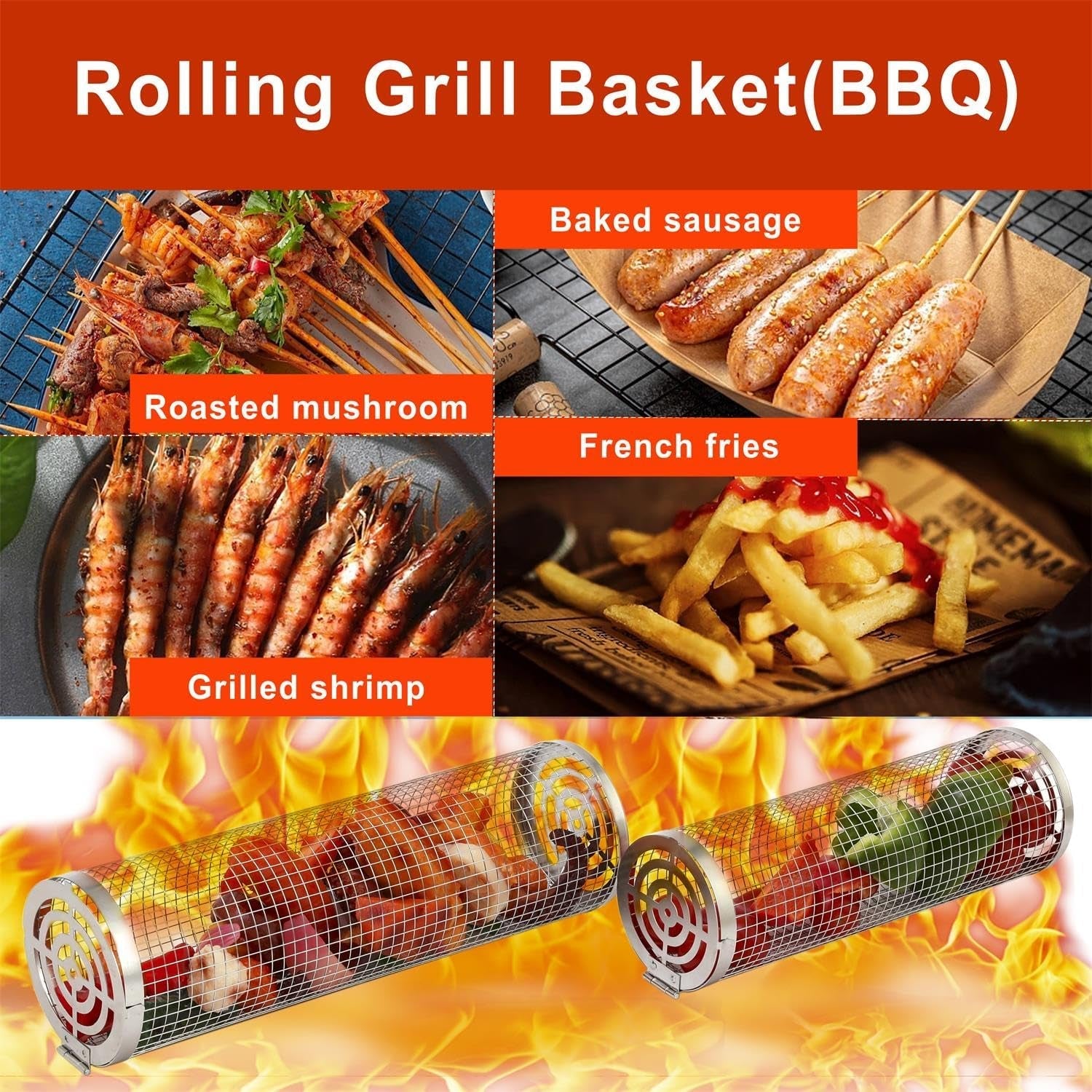 Feniola Rolling Grilling Basket - 2 PCS round Stainless Steel Grill Net for Outdoor Grill for Vegetables. Meat - BBQ Accessories Included - Image 6