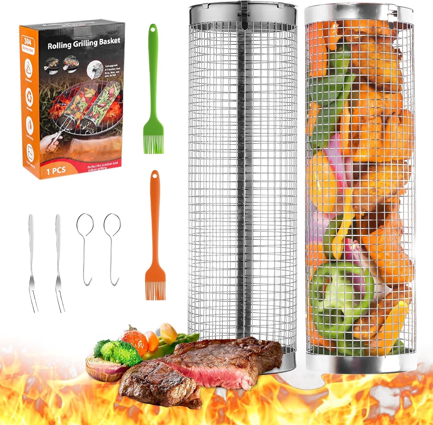 Rolling Grill Baskets. 2Pack Outdoor Veggies Grill BBQ Net Tube Tools Set. Stainless Steel round Mesh Rotation Barbecue Cylinder Cage Camping Cooking Accessories for Shrimp. Meat - Image 7