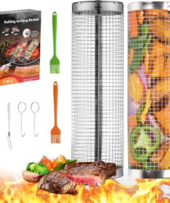 Rolling Grill Baskets. 2Pack Outdoor Veggies Grill BBQ Net Tube Tools Set. Stainless Steel round Mesh Rotation Barbecue Cylinder Cage Camping Cooking Accessories for Shrimp. Meat