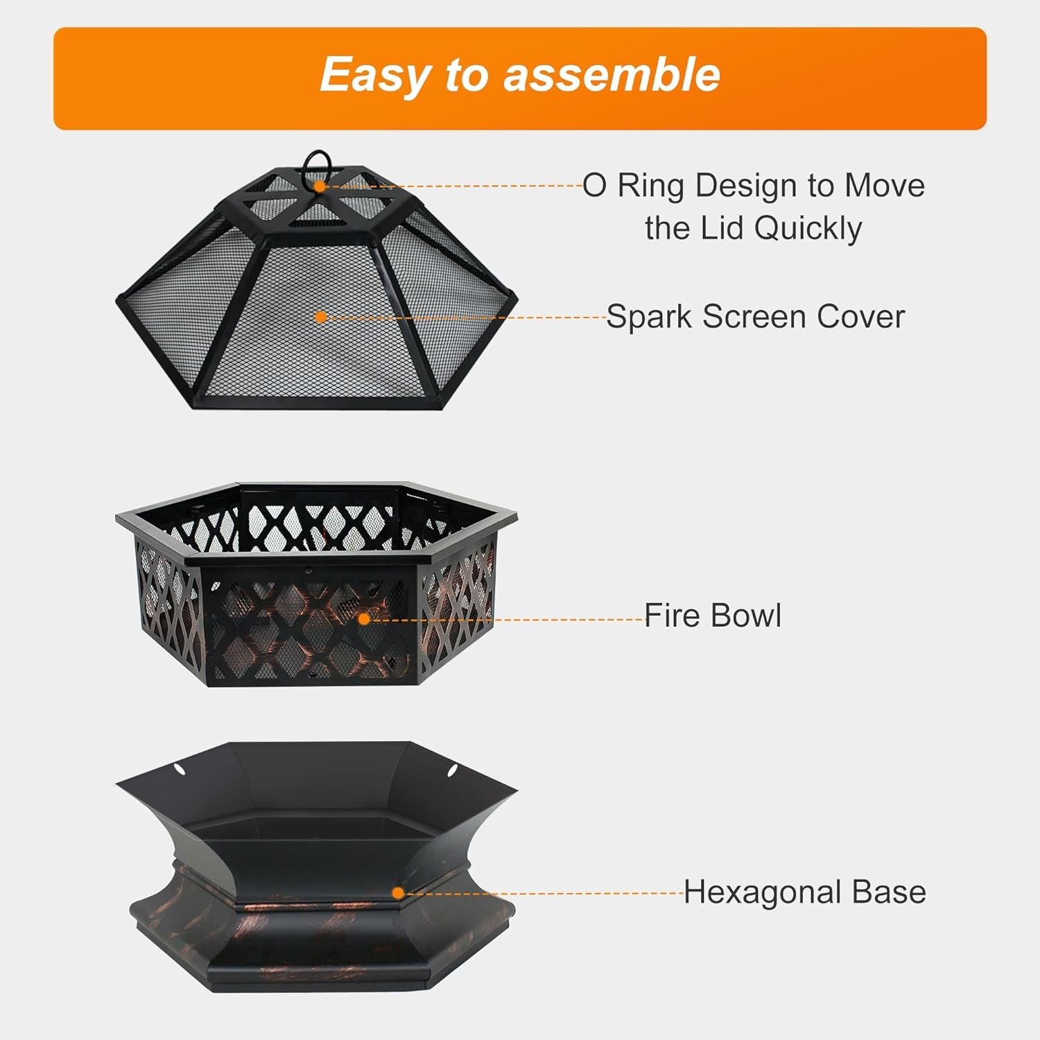 F2C Hex-Shaped Fire Pit with Fire Picker for Garden 24 Inch Wood Burning Bonfire Firebowl Outdoor Portable Steel Firepit with Flame-Retardant Mesh Lid for Patio Backyard Garden Beach Camping Picnic - Image 5