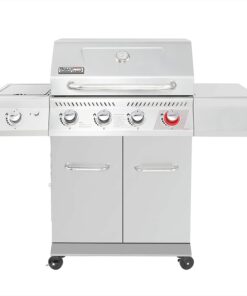 GA4402S Stainless Steel 4-Burner BBQ Propane Gas Grill. 54000 BTU Cabinet Style Gas Grill with Sear Burner and Side Burner Perfect Patio Garden Picnic Backyard Party Silver