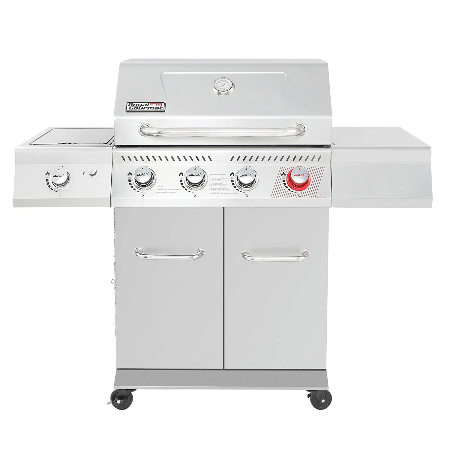 GA4402S Stainless Steel 4-Burner BBQ Propane Gas Grill. 54000 BTU Cabinet Style Gas Grill with Sear Burner and Side Burner Perfect Patio Garden Picnic Backyard Party Silver