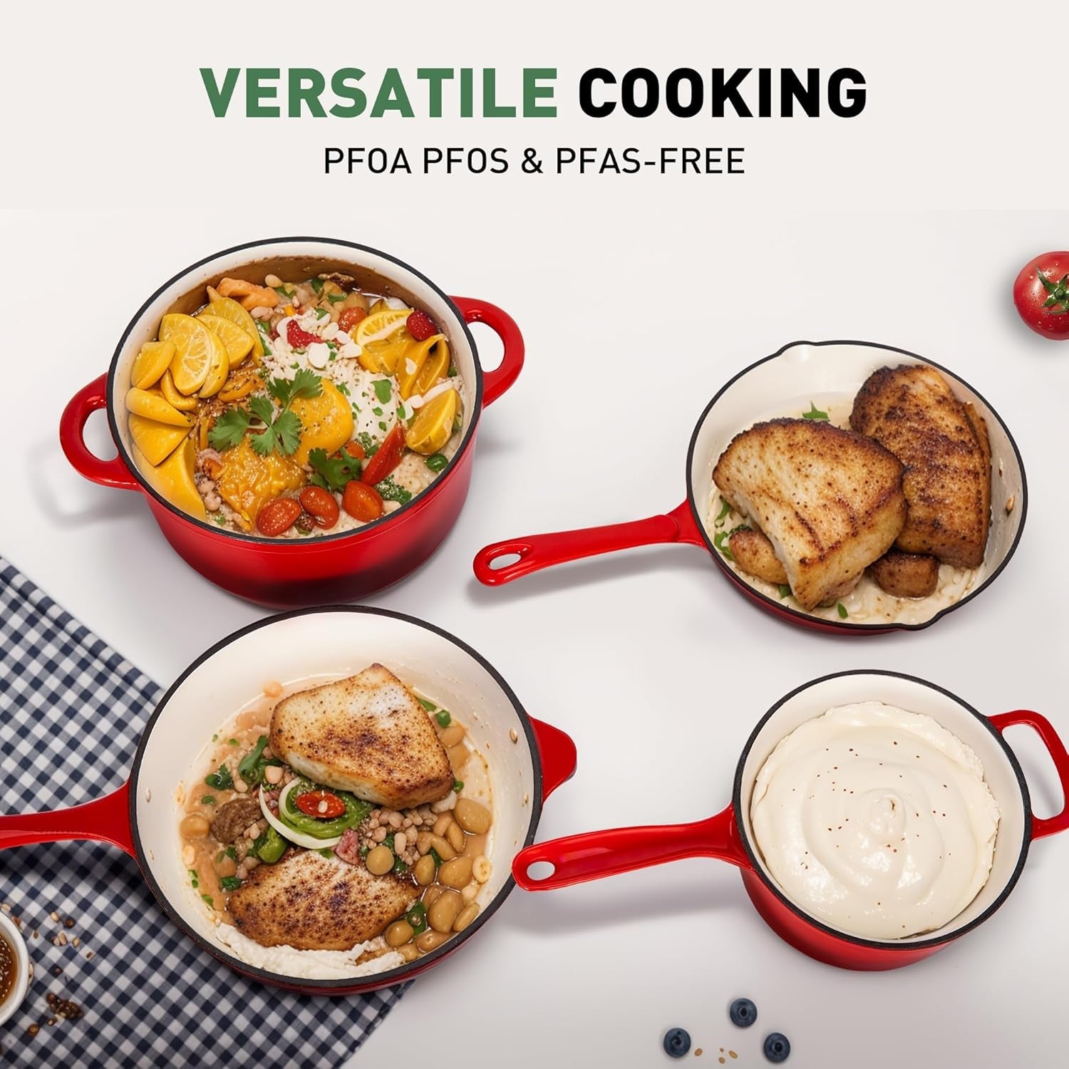 Kitchen Academy Enameled Cast Iron Cookware Set - 7 Piece Pots and Pans Set Nonstick - Skillet. Deep Frying Pan. Wok.Saucepan and Dutch Oven. Heavy Duty Oven Safe up to 500° F or on All Stovetop - Image 7