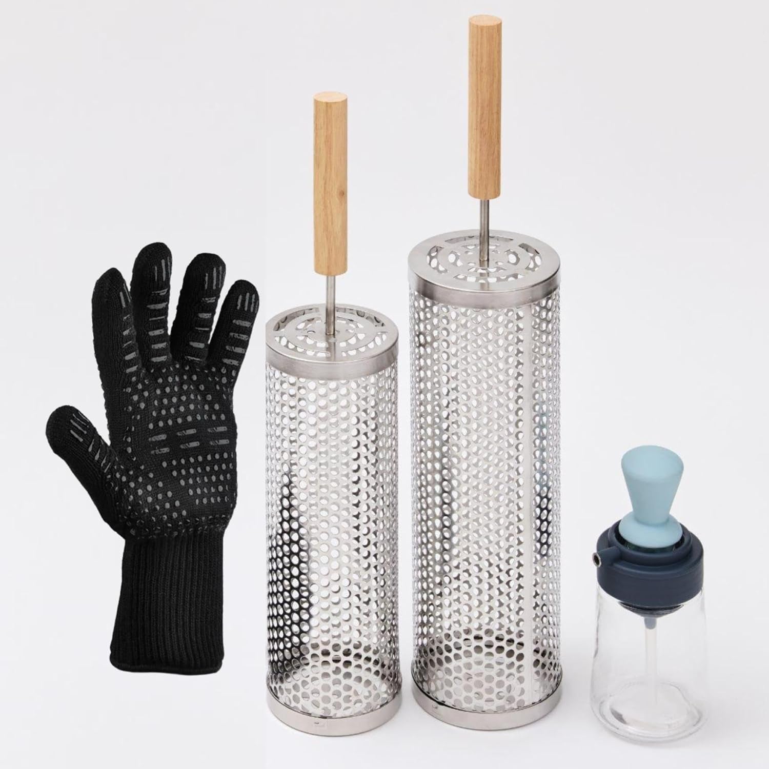 2Pcs Large Nesting Rolling Grill Baskets for Outdoor Grill. USA Based. Commercial Grade. 304 Stainless Steel BBQ round Grilling Baskets with Wood Handles Set with Oil Pourer/Brush and Grill Glove - Image 10