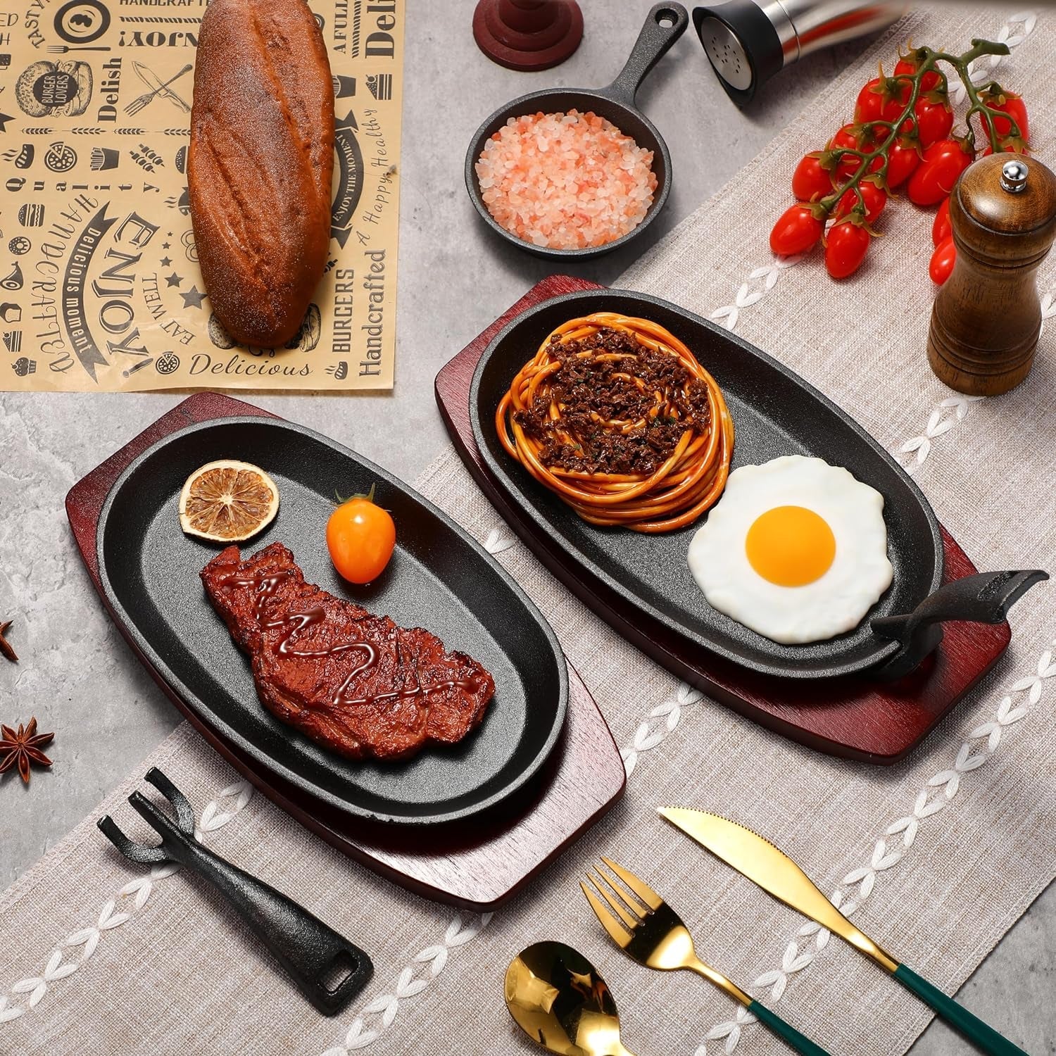 12 Pieces Oval Cast Iron Fajita Pan Set Sizzling Steak Plate with Wooden Base and Handle Cast Iron Steak Cast Iron Fajita Skillet Sizzling Plate for Home Restaurant and Barbecue Picnic - Image 4