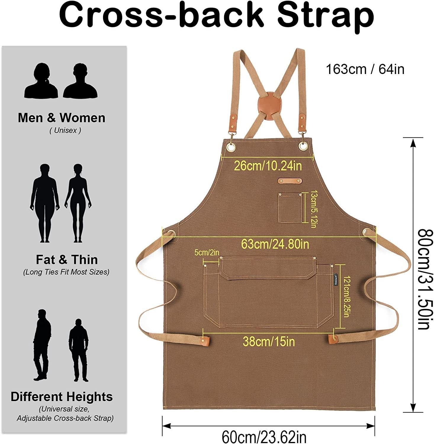 Chef Apron for Men Women with Gift Box Pack. Cross Back Apron with Pockets for Kitchen Cooking Baking Artist Painting. Cotton Canvas Work Aprons for Shop. Garden. Restaurant. Cafe (Brown. M to XXL) - Image 5