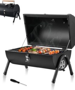 Portable Charcoal Grill. Hasteel Small Folding Outdoor Grill. Mini Black Barbecue Grill with Thermometer. Compact Tabletop BBQ Grill for Camping Picnic Backyard Patio. 116 Square Inches & Screwdriver