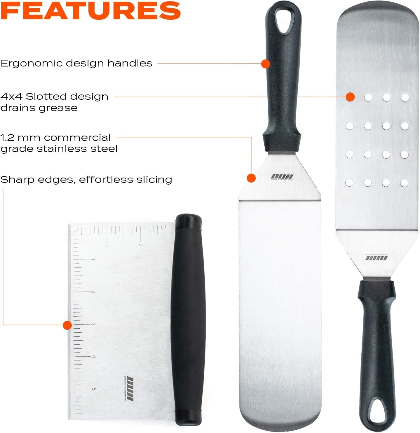 OUII Flat Top Griddle Accessories for Blackstone and Camp Chef Griddle - 9 Pieces Set with Griddle Cleaning Kit and Carry Bag! Metal Spatula. Scraper for Hibachi and Teppanyaki Grill - Image 3