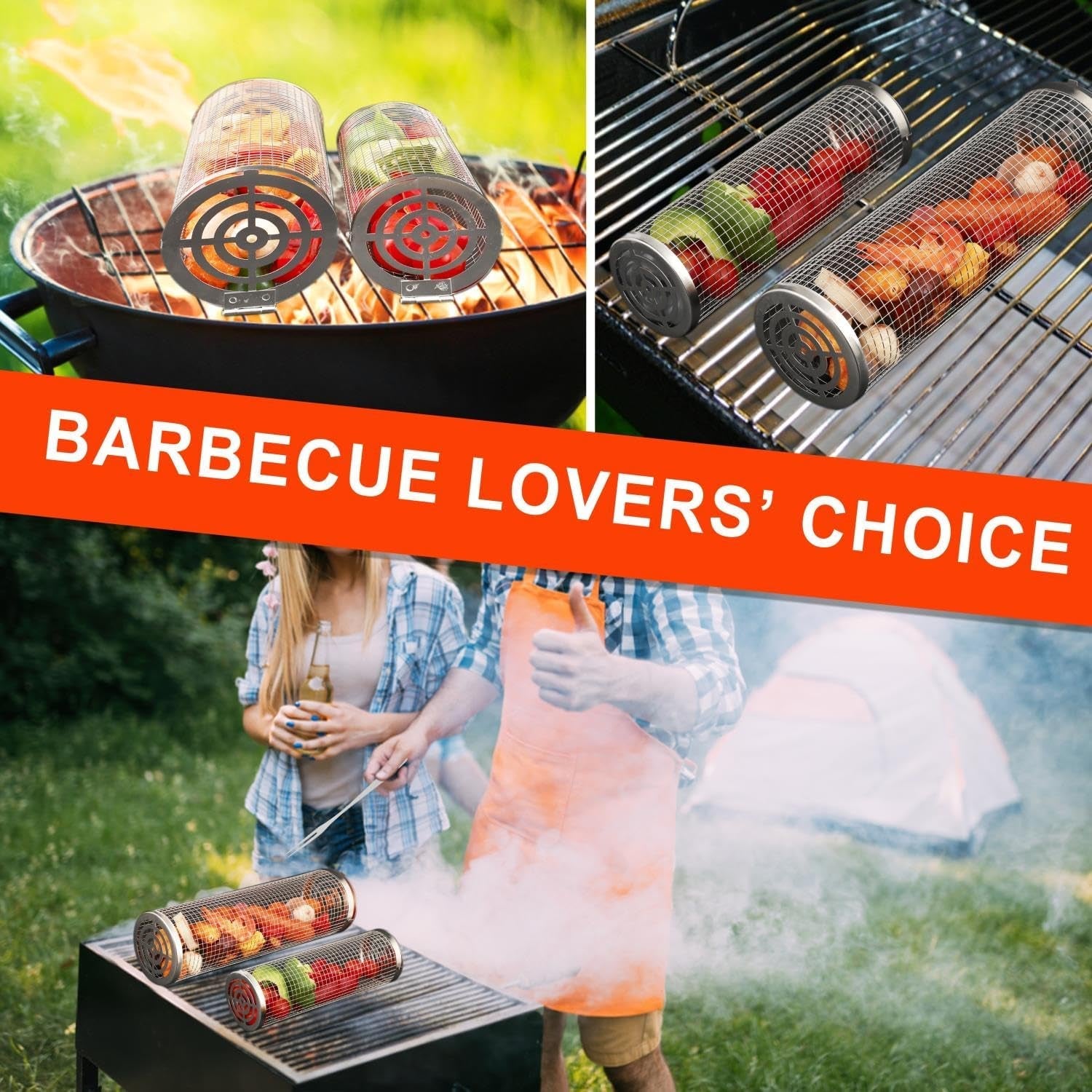 Feniola Rolling Grilling Basket - 2 PCS round Stainless Steel Grill Net for Outdoor Grill for Vegetables. Meat - BBQ Accessories Included - Image 7