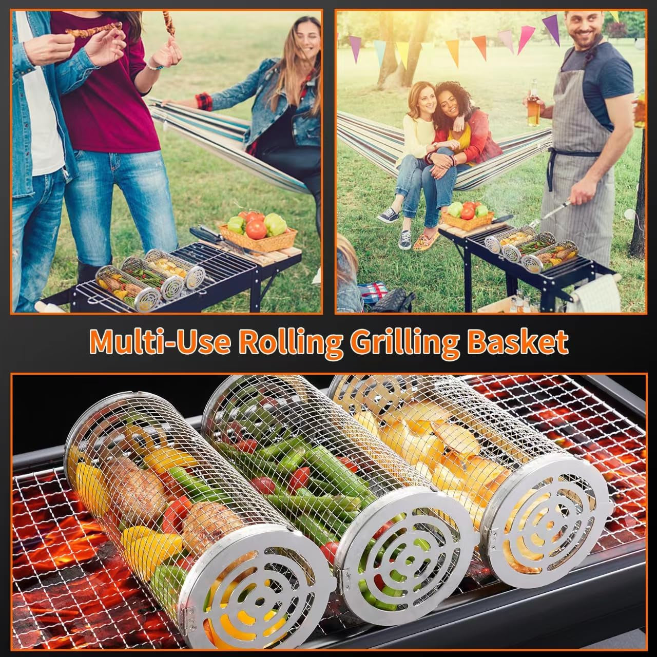 Wrakus Rolling Grilling Baskets for Outdoor - Grill Grate Charcoal round BBQ Stainless Steel Basket Campfire Grid Camping Picnic Cookware 1 (2PCS 300 * 90 90Mm) - Image 7