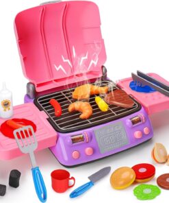 Kids BBQ Grill Playset with Smoke Sound Light Play Kitchen Set Age 3-5 4-8 Pretend Food Barbecue Cooking Toy for 2 3 4 5 6 Year Old Girl Birthday Gift