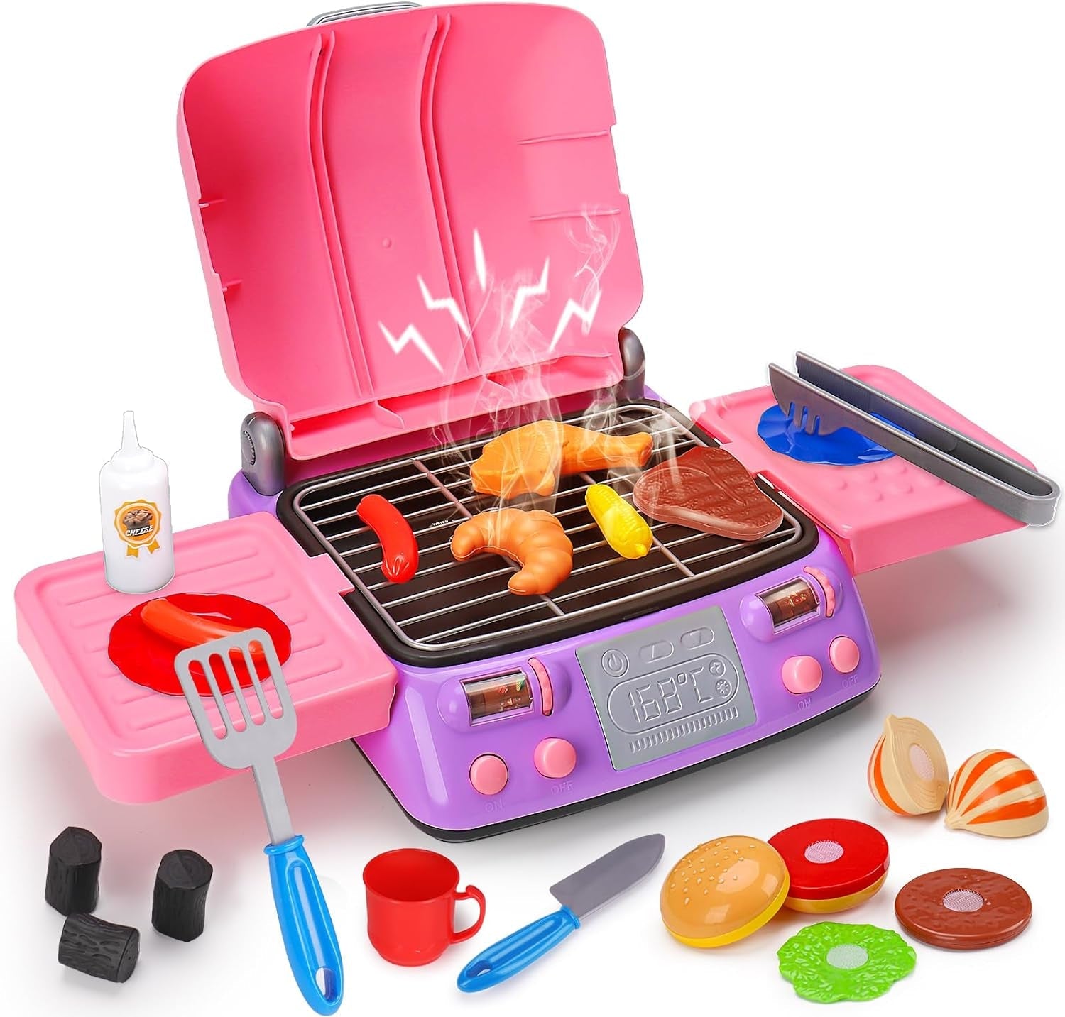 Kids BBQ Grill Playset with Smoke Sound Light Play Kitchen Set Age 3-5 4-8 Pretend Food Barbecue Cooking Toy for 2 3 4 5 6 Year Old Girl Birthday Gift