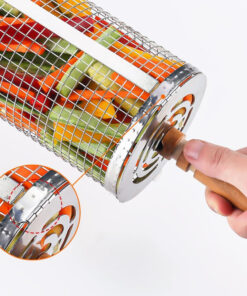 Rolling Barbecue Cage Large Stainless Steel Grilling Basket for Outdoor BBQ Mesh Net Tube Cooking Accessories for Vegetable Fish Camping Gift for Men Dad Husband Housewarming Perfect BBQ Tool