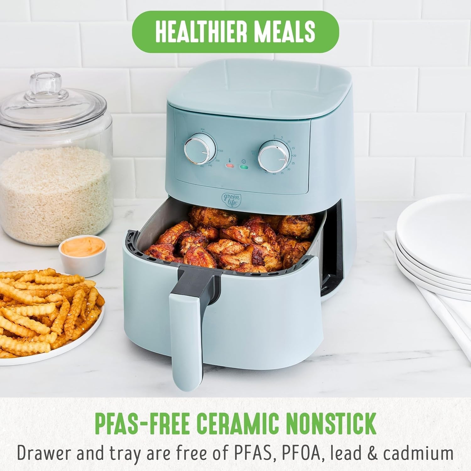 Greenlife 4.5QT Mechanical Air Fryer. Pfas-Free Ceramic Nonstick Crisper Drawer. Adjustable Temperature Timer Dial. LED Indicator. Holiday Gifting. Dishwasher Safe. Kitchen Essential. Blue Haze - Image 2