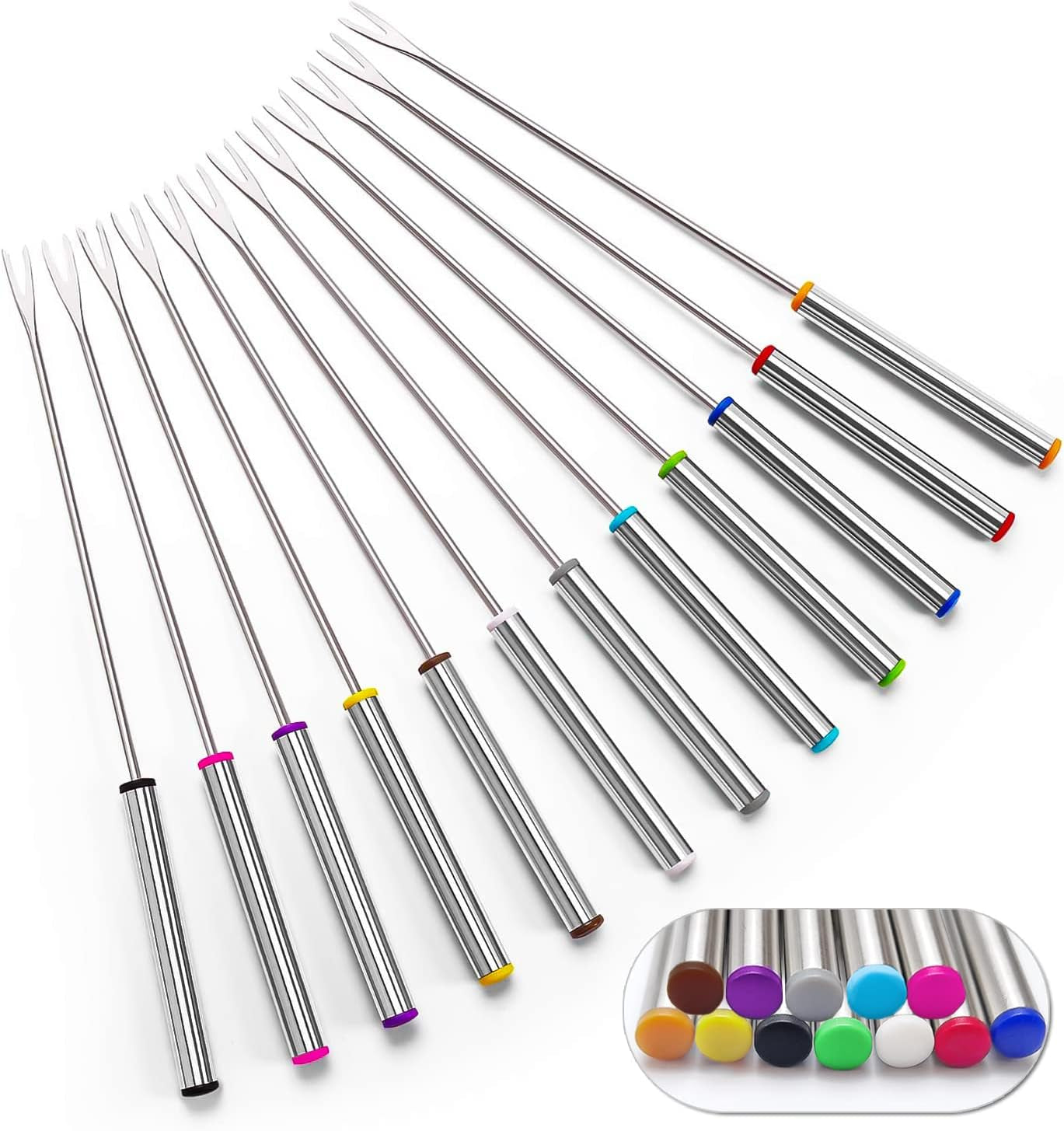 Set of 12 Stainless Steel Fondue Forks 9.5. Color Coded Cheese Fondue Forks Smores Sticks with Heat Resistant Handle for Chocolate Fountain Cheese Roast Marshmallows Dessert Fruits - Image 8