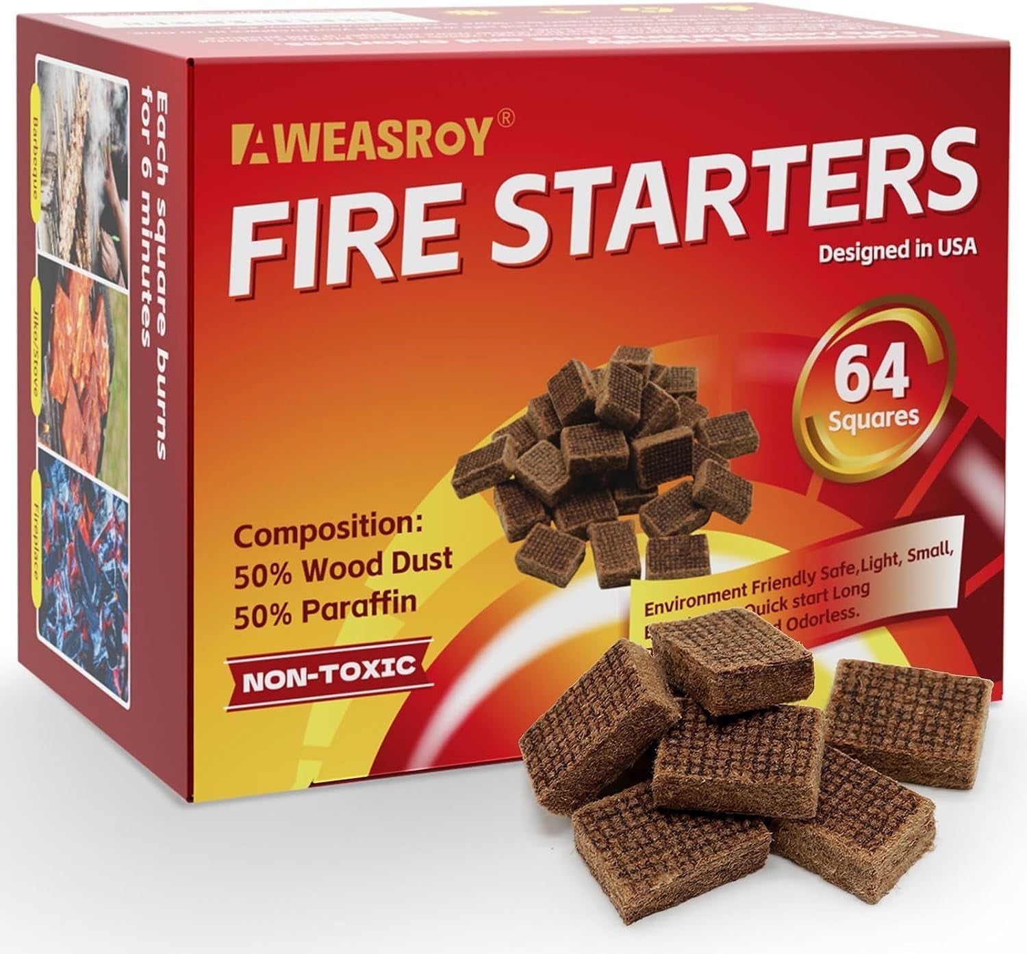 Fire Starter Squares 64 - Fire Starters for Fireplace.Chimney.Bbq Grill.Camping Fire.Wood Stove - Water Resistant and Safe Odourless - Camping Accessories - Image 8