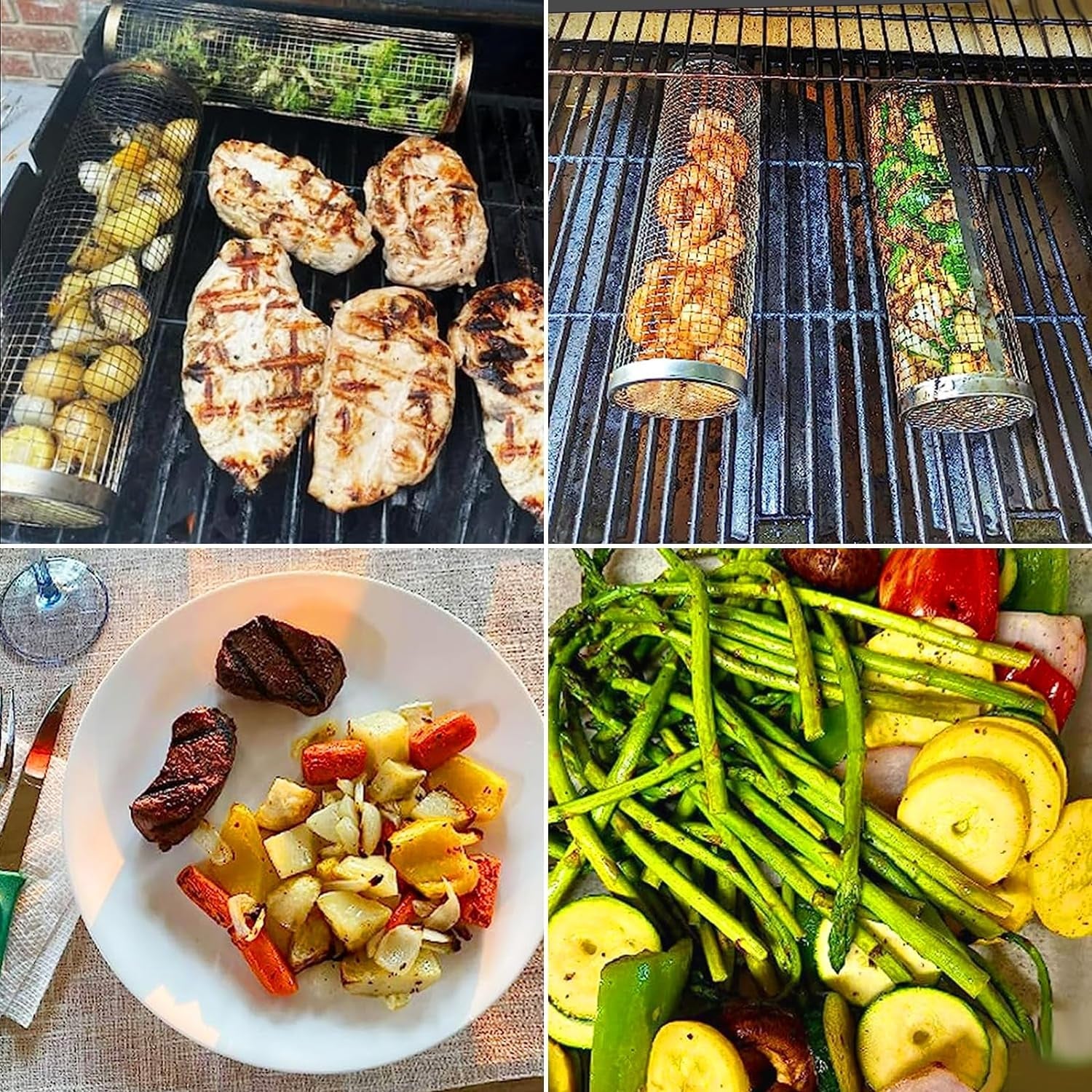 Rolling Grill Baskets. Heavy-Duty 304 Stainless Steel Material. round BBQ Grilling Baskets for Veggies. Fish. BBQ Net Tube Barbeque Vegetable Grill Accessories. Cage Cylinder 2 PACK (Two Large) - Image 5