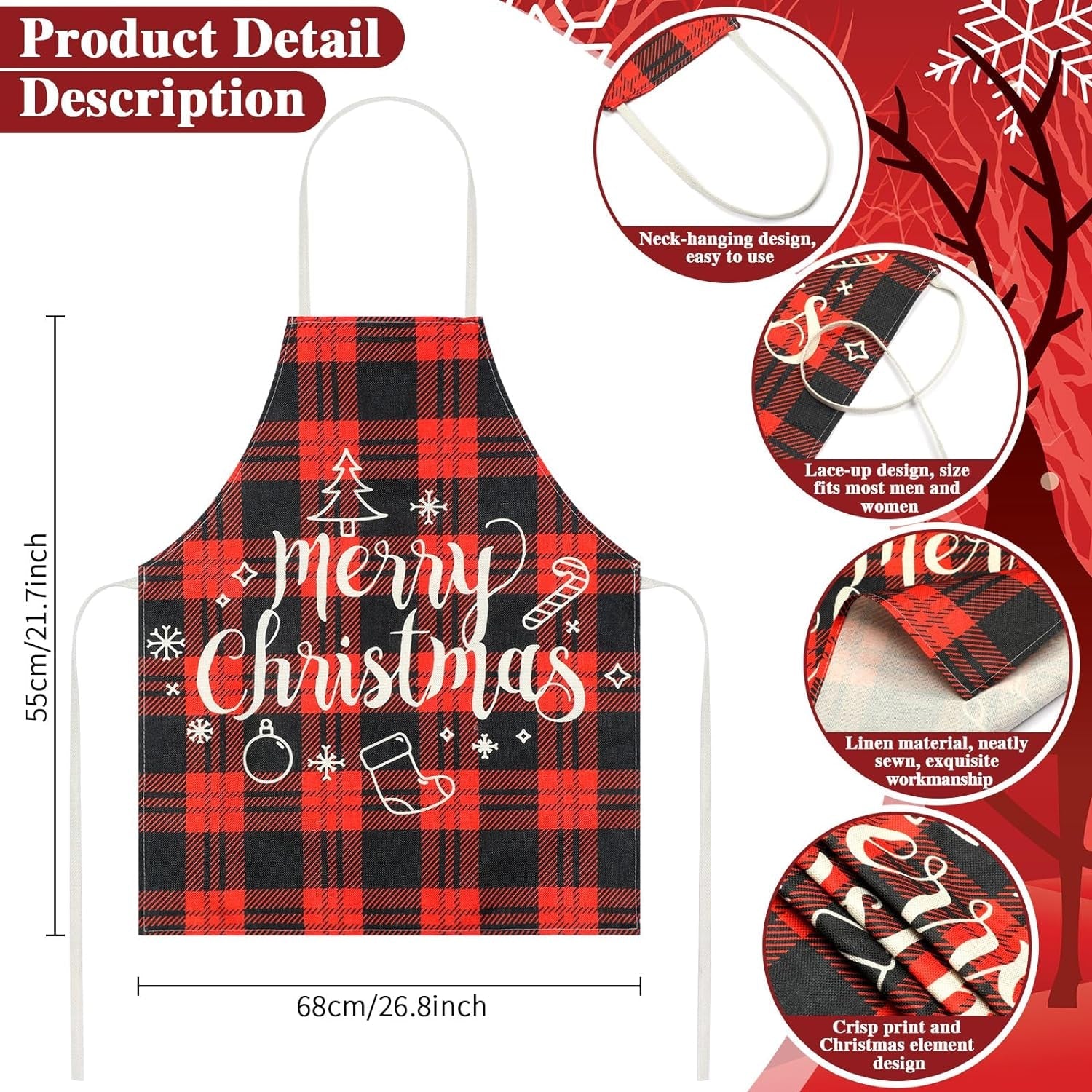 8 Pcs Christmas Buffalo Plaid Aprons Waterproof Holiday Kitchen Aprons Xmas Adjustable Baking Cooking Aprons Merry Christmas Aprons for Women Men Adults Chef Housewife - Image 2