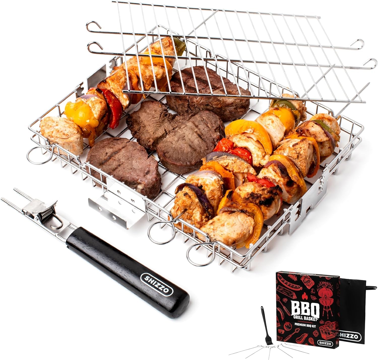 SHIZZO Adjustable Grill Basket. Barbecue BBQ Grilling. Stainless Steel Folding Portable Outdoor Camping Rack for Fish. Shrimp. Vegetables. Cooking Accessories. Gifts for Father. Husband