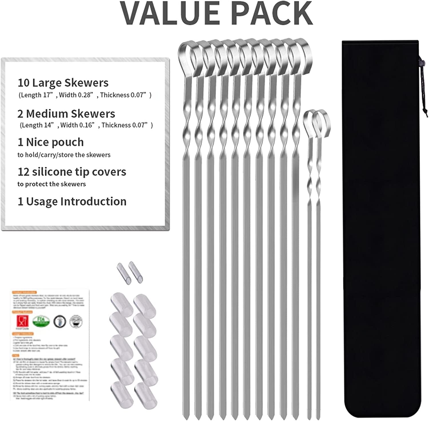 Skewers for Kabobs. 17 Metal Kebab Skewers for Grilling Flat Long Stainless Steel Kabob Skewers Sticks. Reusable Grill Shish BBQ Barbecue Skewers for Meat Chicken Vegetable. 12 Pack Bonus 14 Inch - Image 6